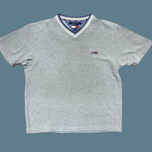 Tommy Hilfiger Jeans Waffle Knit Vintage Y2K Gray V-Neck Shirt Men's Size Large